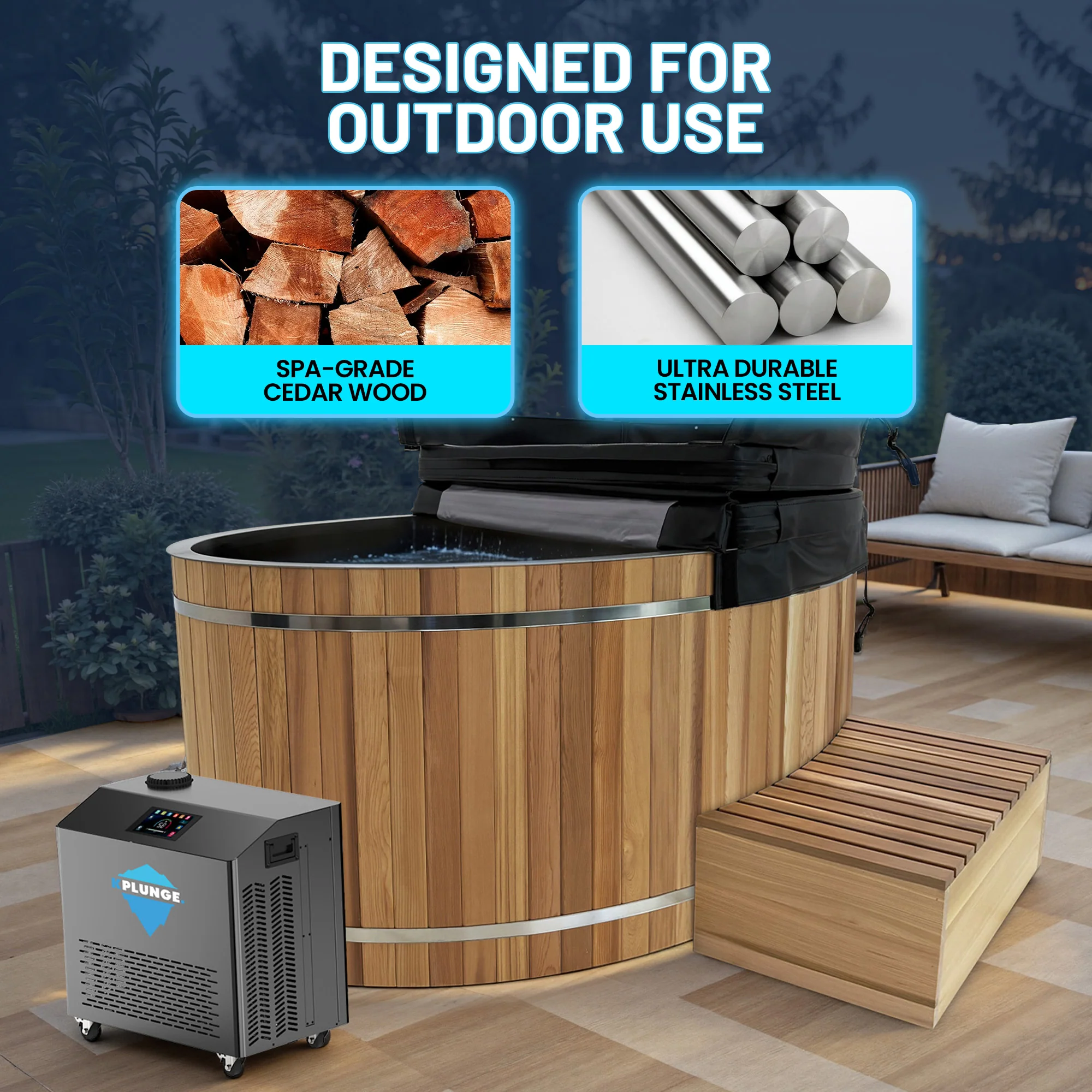 62 in. 2-Person 0-Jet Cedar Cold Plunge Ice Bath/Hot Tub with 24 in. Depth and 169 Gal. Capacity in Natural Finish - Image 9