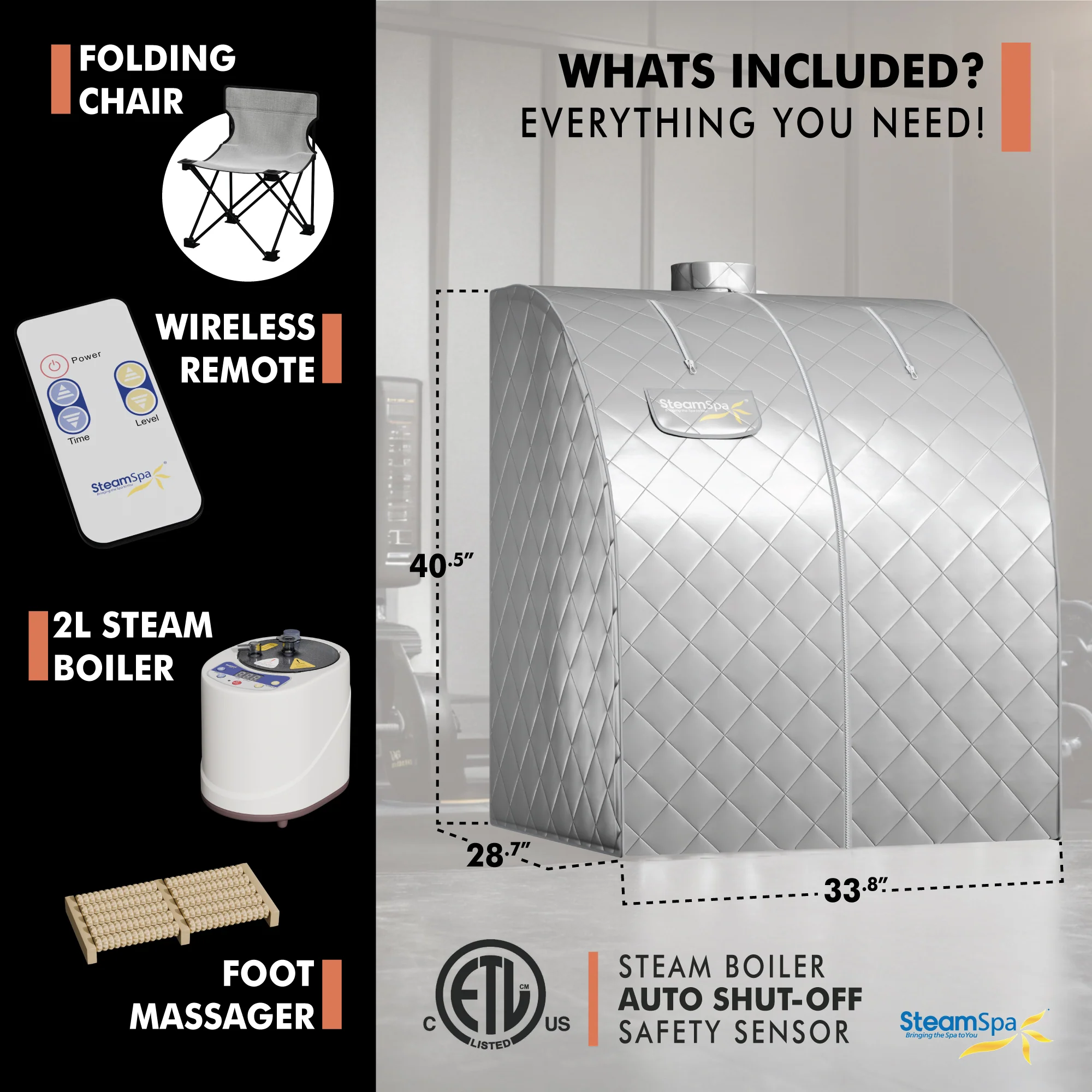 1-Person Indoor PP Plastic 900 Watt Portable Steam Home Sauna with Digital Controller and Foldable Chair, Silver - Image 3