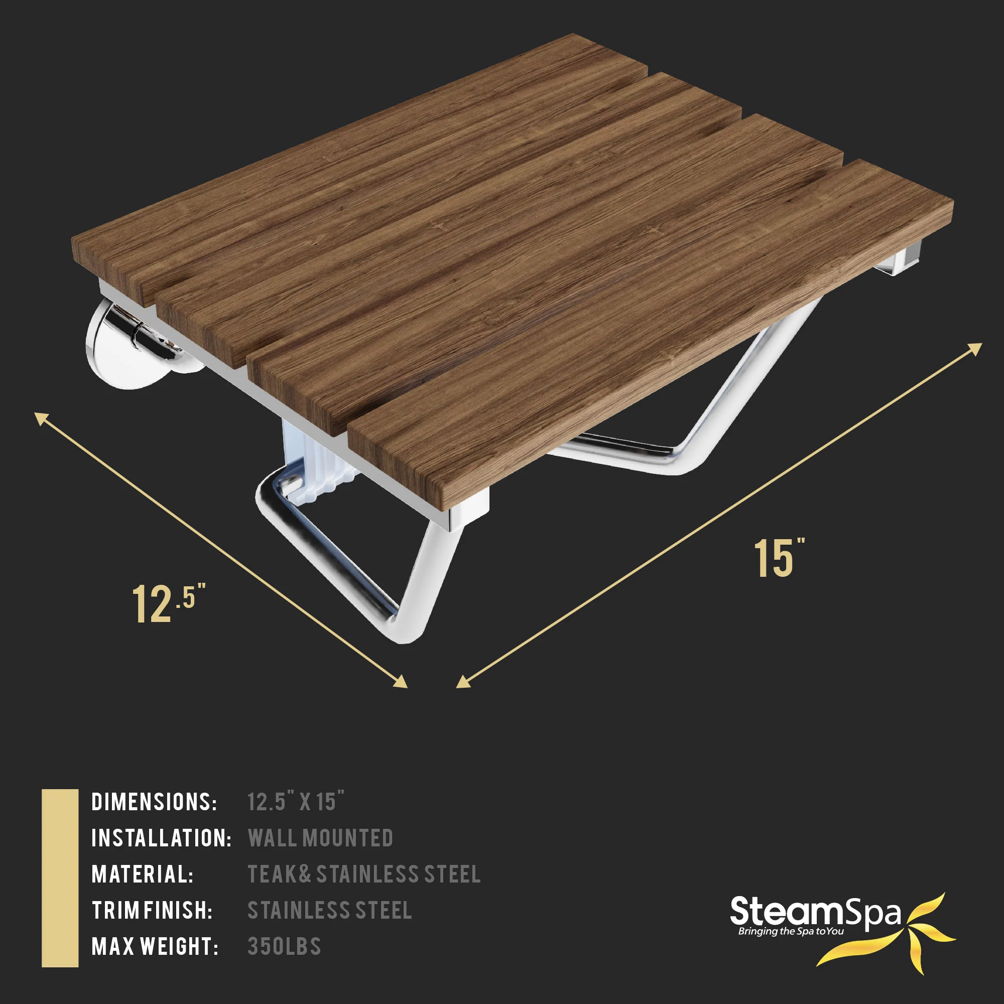 Fit 15 in. Teak Wall Mounted Folding Shower Seat - Image 5