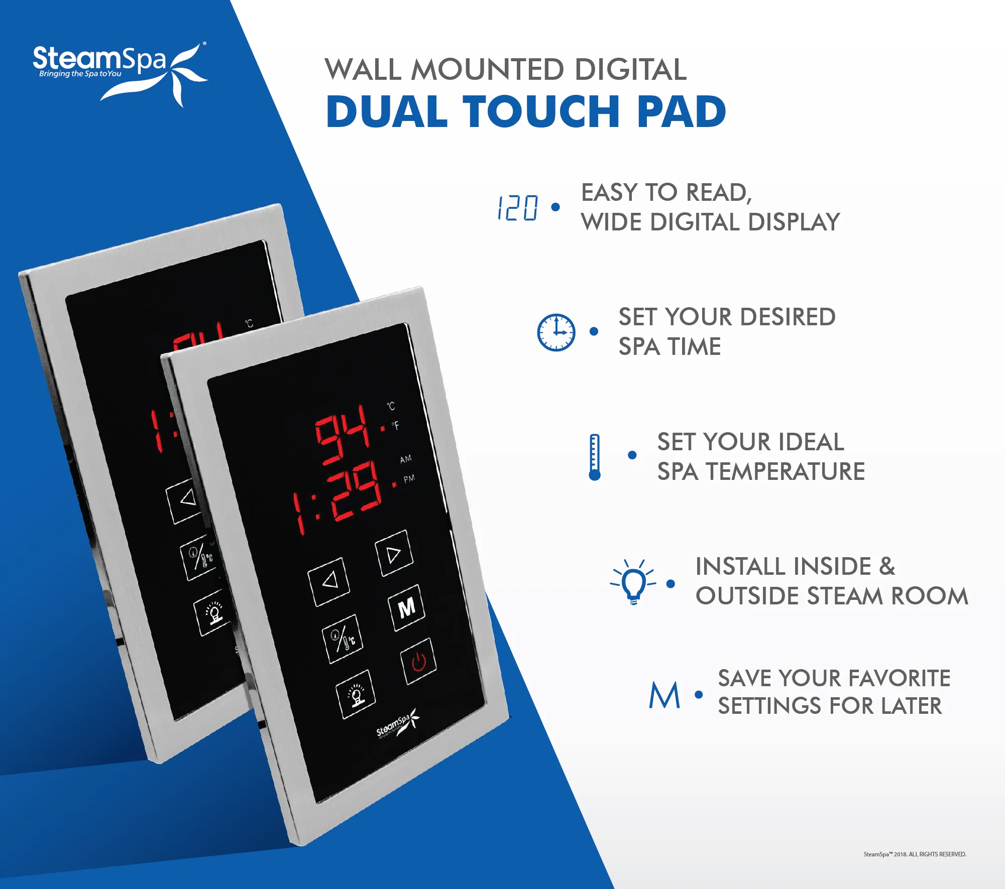 Steam Bath Generator Dual Unit Easy Touch Control Panel with Temp Sensor Digital Display and Memory in Polished Chrome - Image 3