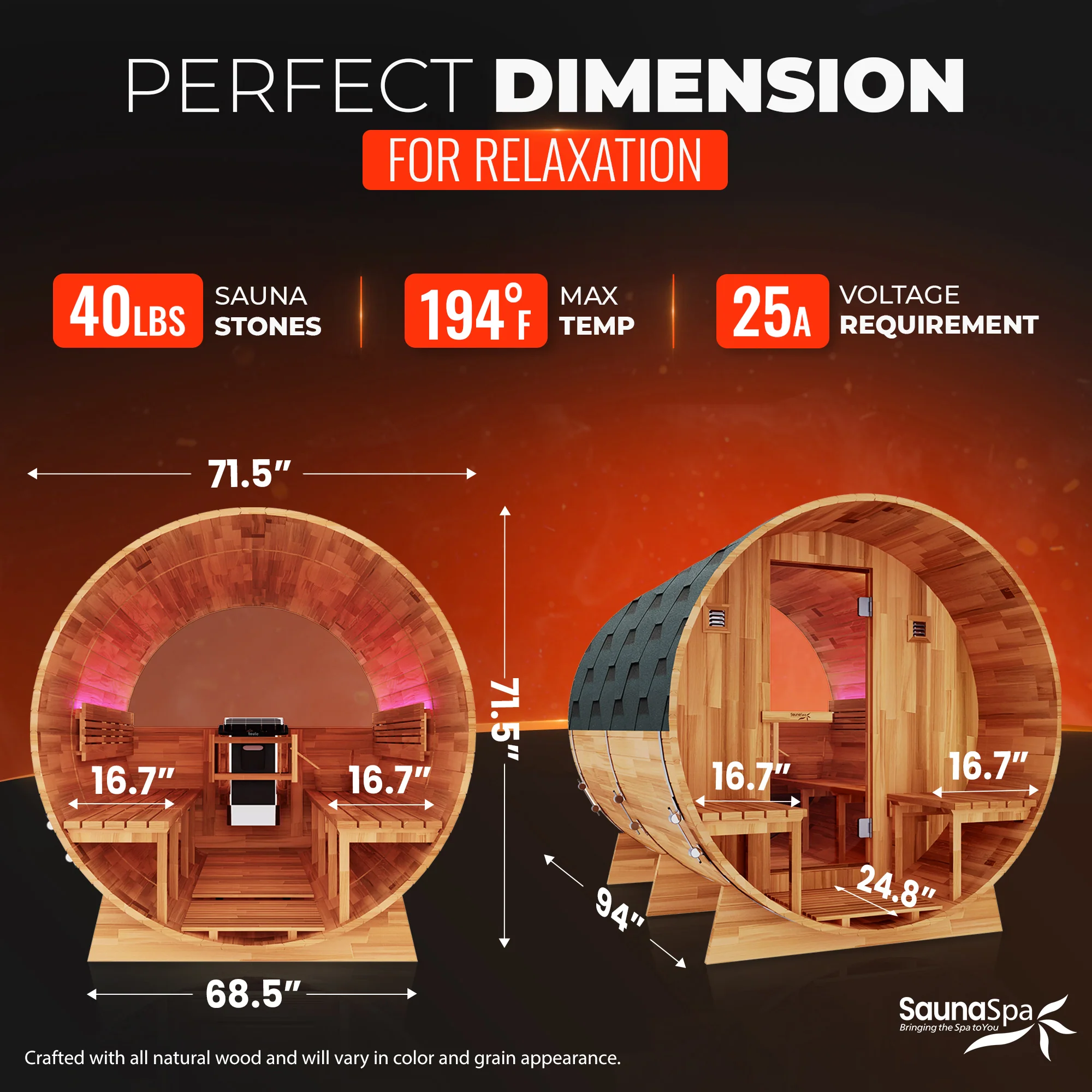 4-6 Person Outdoor Barrel Sauna in Cedar with ETL-Certified 6.2kW Rock Heater, Panoramic View, and Non-Curved Design - Image 11